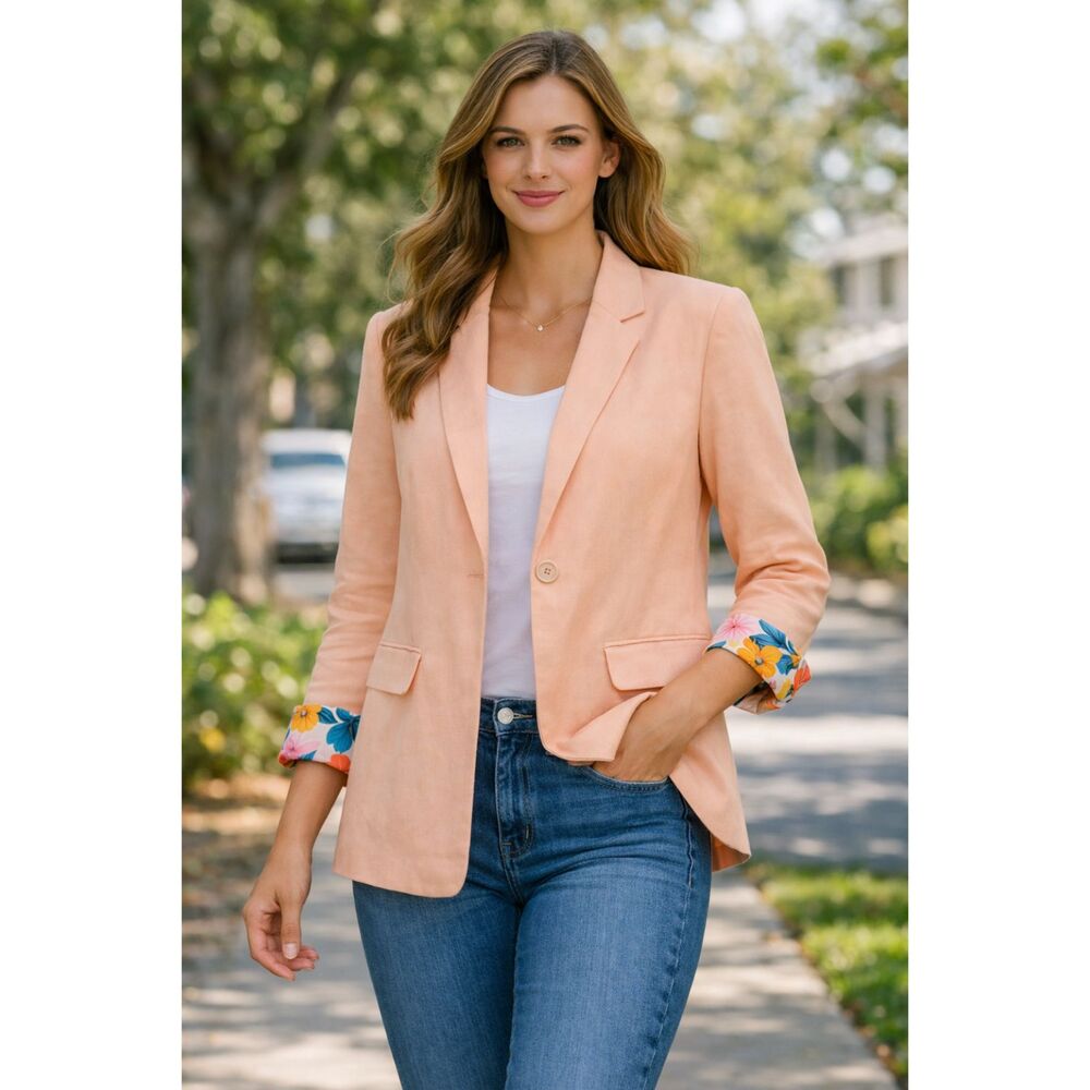 BCBGeneration Peach Floral‑Lined Blazer Size XS – Lightweight Linen Blend Jacket
